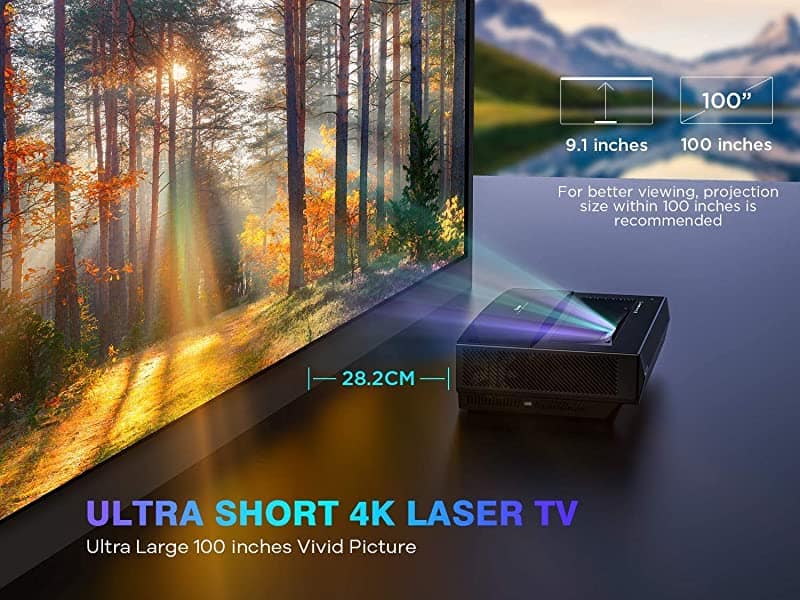 Bomaker 2021 4K Ultra Short Throw Projector | Tri-Laser TV Home Theater Projector with HDR 10, MEMC | 2500 ANSI Lumens | Quiet Operation 25dB | 30,000 Hours | 15,000:1 Dynamic Contrast Ratio